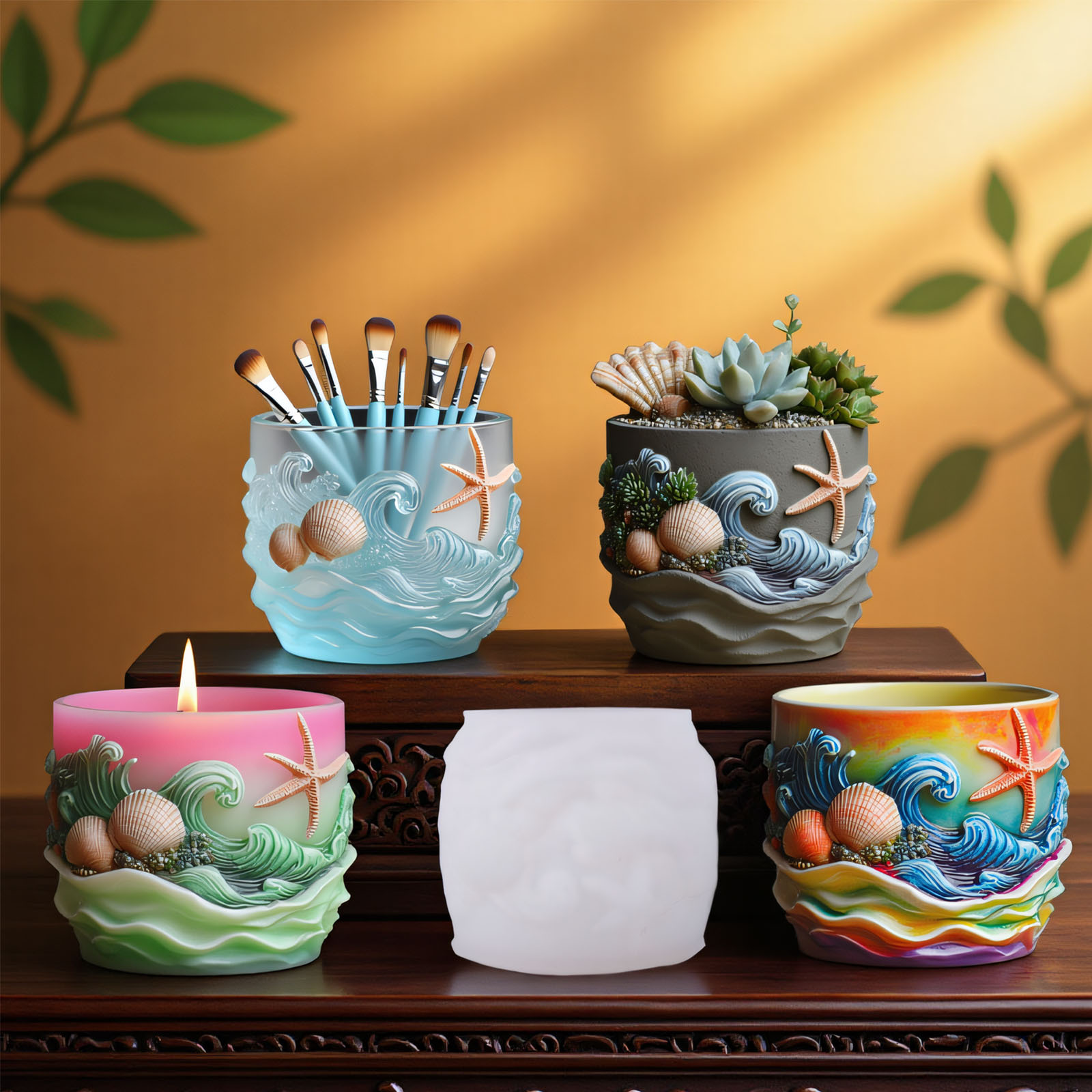Ceramic Candle Vessel - الحياة البحرية الإغاثة نبات عصاري الزهرية